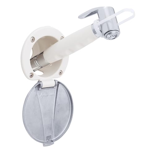 Ambassador Marine Recessed Shower- Warm White Cup with Stainless Steel Lid, Hammer-Head Warm White Sprayer, 6' White Rubber Hose - 136-0042-WH-W