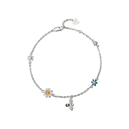 Cute Daisy Flowers Honeybee Sterling Silver Cubic Zirconia Bracelet - Silver with Colorful Crystals - 73 Inch Link Chain - Fine Jewelry - Female - Adult - Floral Collection