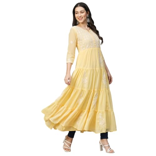 Image of RATAN Women's Solid Georgette Tiered Chikankari Flared Kurti Gown Maxi Dress