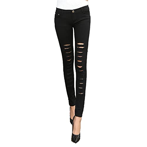 Ripped Jeans for Women Mid Waisted Skinny Destroyed Denim Pants Slim Fit Distressed Stretch Butt Lift Jean Trouser (Black,27)