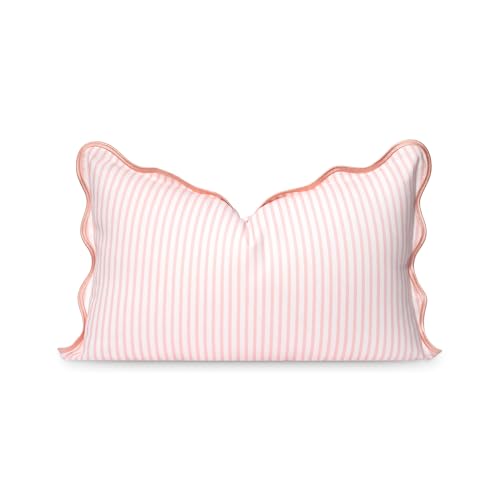 Hofdeco Premium Coastal Patio Indoor Outdoor Scalloped Lumbar Pillow Cover Only, 12'x20' Water Repellent for Backyard, Couch, Blush Pink Print Stripes