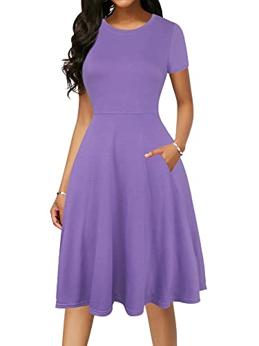 Image of oxiuly Women Casual Dress Round Neck Soft Cotton Floral A-Line Midi Summer Dresses with Pockets OX262