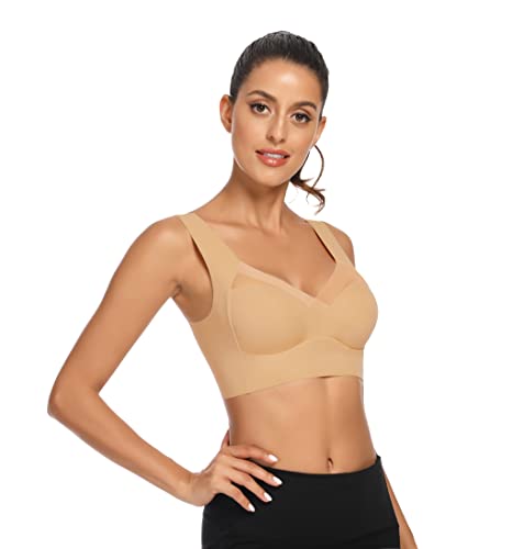Image of WOWENY Seamless Bras for Women Sleep Leisure Sports Yoga Bra Padded Wireless Thin Soft Comfy Pullover Tops Plus Size