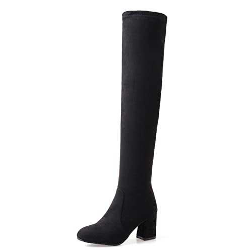 OALEEN Bottes Cuissardes Femme Sexy Talon Haut Hiver Effet Daim Bout Rond Chaussures Noir Velours 39 Cover