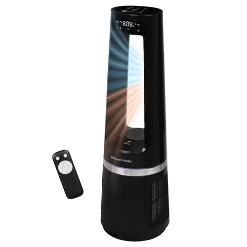 Russell Hobbs Quiet Bladeless Tower Fan & Heater with 12 Speed Settings Air Purifying LED Display & Remote Control 12-Hour Timer and Oscillating Feature in Black RHBLDL25B