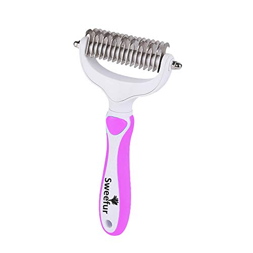 Sweefur Pet Grooming rake- 2 Sided Undercoat rake for Dogs & Cats- Professional Teeth pet Brush for Shedding and Remove mats & tangles- Grooming rake Tool for All pet Sizes- Pink