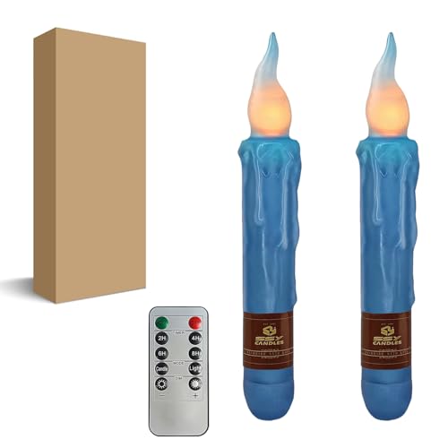 Image of Dark Blue Flameless Short Taper Candles, Real Wax Hand Dipped LED Battery Operated with Remote, Flickering Flame Lights for Festival Party Home Decor, 6.7 Inch Primitive Flameless Candles, 2PCS