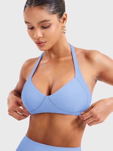 Image of YEOREO Women Halter Sports Bra Light Support V Neck Padded Strappy Open Back Workout Gym Tops