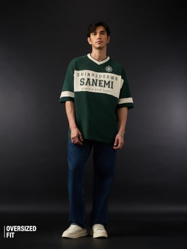 Image of The Souled Store Demon Slayer: Sanemi Men and Boys Short Sleeves V Neck Dark Green Anime Graphic Printed Cotton Oversized Breathable Lightweight Drop Shoulder Streetwear T-Shirts