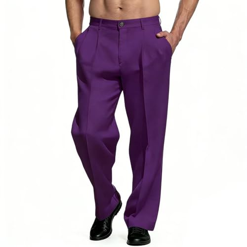 Mens Pleated Straight Leg Dress Pants Elastic Waist Business Casual Purple 40W x 30L