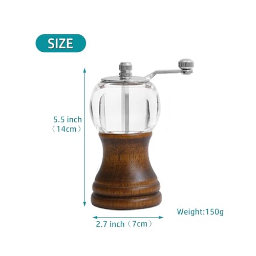 VEIZIBEE Salt and Pepper Grinder Set with Handle Crank Acrylic Manual Salt and Pepper Mills Black Pepper Spice Grinders Ceramic Core, Stainless Steel Handle, Adjustable Coarseness (Walnut 2pcs-5in)