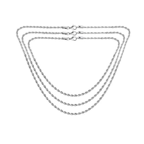 Collier chaîne acier inoxydable homme femme : lot 3 chaînes câbles torsadés 3mm argent