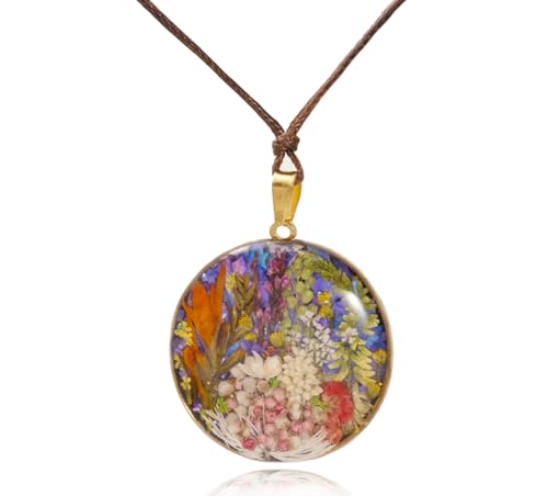 Nature's Multi Colour Dry Pressed Real Flower Round Handmade Pendant Necklace