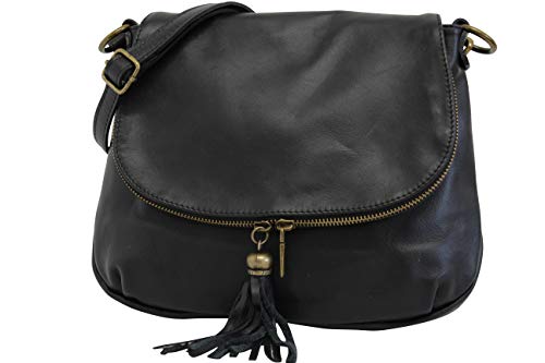 AmbraModa Bolso bandolera para mujer en piel auténtica suave NL612 (negro)