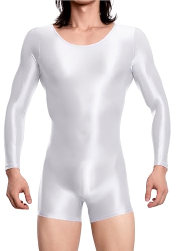 FEOYA Herren Leotard Bodysuit Wetlook Jumpsuit Öl Glänzend Playsuit Einteiler Body Transparent Dessous Nachtclub Weiß XL