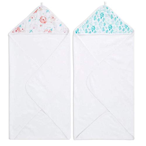Image of aden + anais Baby Hooded Towel|100% Terry Cotton Soft Baby Bath Towel for Kids, Toddlers, Infants| Newborn Girl and Boy Baby Wrap Towel, 2 Pack, Full Bloom