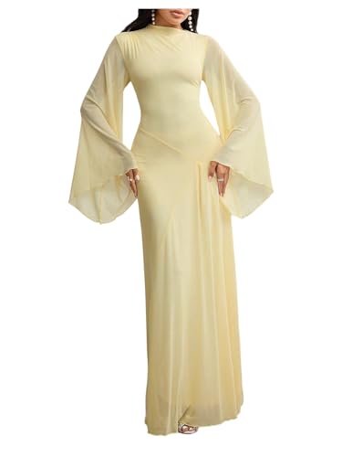 Milumia Women's Mock Neck Long Bell Sleeve Maxi Dress Elegant Ruched Ruffle  Wedding Guest Dresses Yellow Medium at Amazon Women's Clothing store