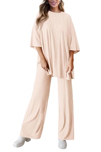 DONYKARRY 2 Piezas Mujeres Outfits De Casual Manga Corta Suéter Tops Y Pantalones De Piernas Anchas