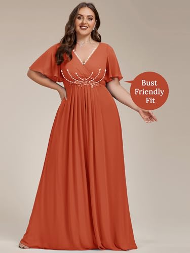 Image of Ever-Pretty Short Sleeves V Neck Plus Size Formal Dresses for Curvy Women Chiffon Mother of The Bride Dress Evening Gowns