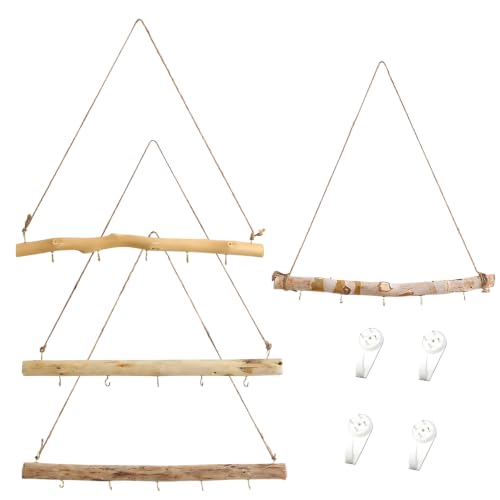 4 Pcs 15 Inch Driftwood Wall Hanging Jewelry Hanger Hanging Branch Decor Natural Driftwood Decorative Farmhouse Vintage Wooden Hook Handcrafted Natural Drift Wood Pieces for Crafts Jewelry Organizers