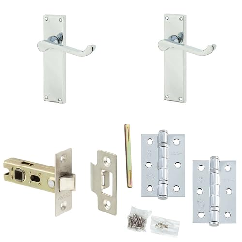 Door Handle & Latch Set Chrome Rounded Sculpted Lever Latch Long Backplate