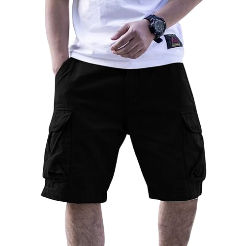 Image of Men Cotton Cargo Shorts Casual Regular Fit Knee Length Multi Pocket Utility Shorts for Travel Outdoor Summer Wear Comfortable Durable Daily Use