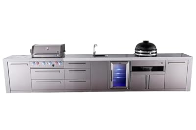 Mont Alpi Premium 4-Burner 178" Deluxe Stainless Steel Island Modular Outdoor Kitchen Island BBQ Gas Grill + Infrared Side Burner + Beverage Center Faucet & Sink + Kamado + Storage Drawers & Cabinets