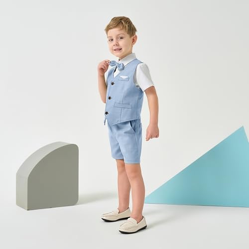 Image of Volunboy Baby Boys Summer Suits Short Sleeve Wedding Ring Bearer Outfits 4Pcs Graduation Dress Vest Shirt Bowtie Shorts Set