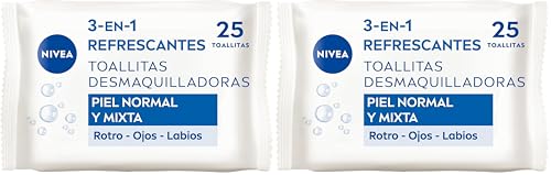NIVEA Toallitas Desmaquilladoras Refrescantes (1 x 25 ud), toallitas desmaquillantes para piel normal y mixta, toallitas húmedas para rostro, ojos, labios y cuello (Paquete de 2)