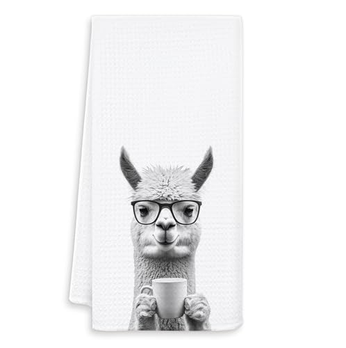 OSLYSOF Funny Alpaca Kitchen Towels, Alpaca Gifts for Women Dish Tea Towels, Black and White Animal Lover Gifts Hand Towel for Kitchen, Coffee Bar Station Decor, 16x24 Inch