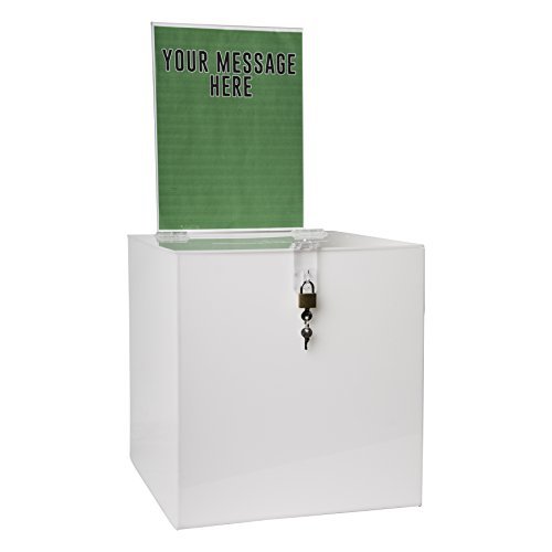 Clear-Ad - Acrylic Donation, Ballot, Raffle or Suggestion Box with Lock and Removable Sign Holder - Plastic Comment or Compaint Container - Plexiglass Multipurpose Box with Slot - White (12x12)