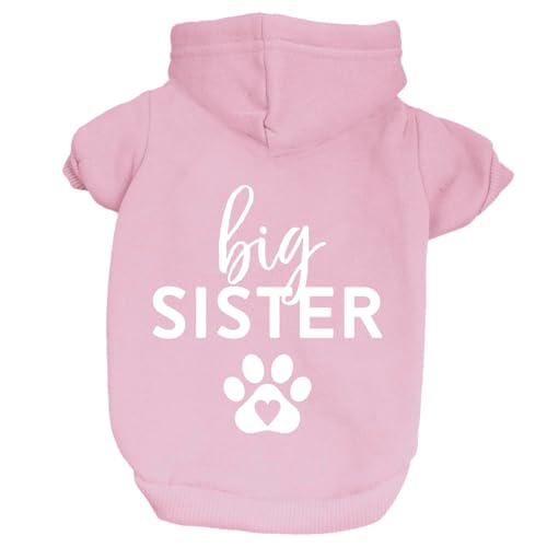 Big Sister Heart Paw Baby Announcement Dog Hoodie Fleece Lined Pullover Sweatshirt with Leash Hole (Baby Pink, Large 86)