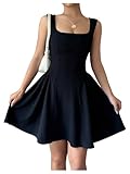 GORGLITTER Black Dress for Women A Line Sleeveless Swing Flared Square Neck Dress Ruffle Mini Tank Sundress, Black, XL