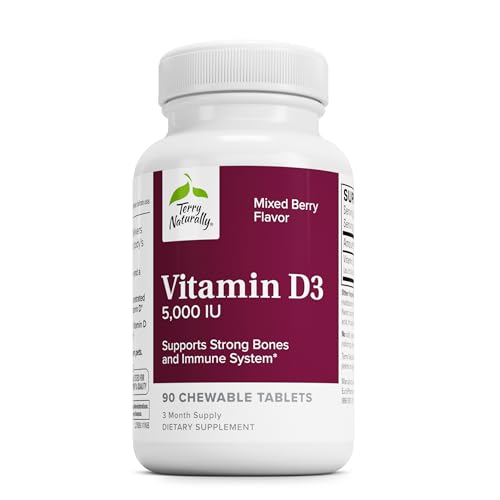 Terry Naturally Vitamin D3 - Bone Health & Bone Strength Supplement - Dietary Supplement for Immune System & Brain Support - 5,000 IU Vitamin D Tablets with Mixed Berry Flavor - 90 Chewable Tablets Terry Naturally Vitamin D3 - Bone Health & Bone Strength Supplement - Dietary Supplement for Immune System & Brain Support - 5,000 IU Vitamin D Tablets with Mixed Berry Flavor - 90 Chewable Tablets