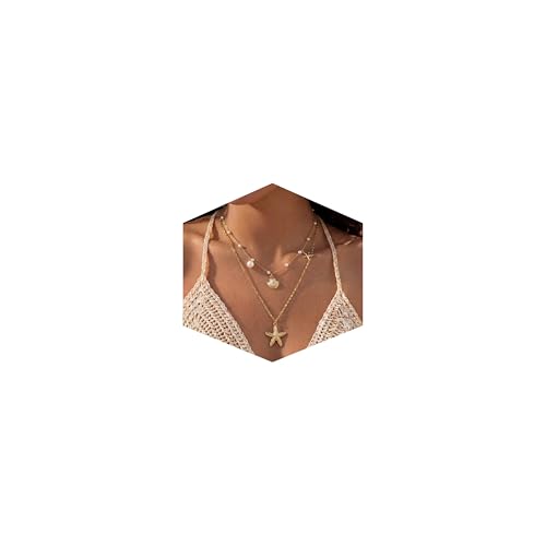 Shell Starfish Necklace for Women Gold Plated Boho Layered Pendant Necklace with Pearl Conch Charm Dainty Coastal Summer Beach Vacation Jewelry Gifts(Shell&Starfish)