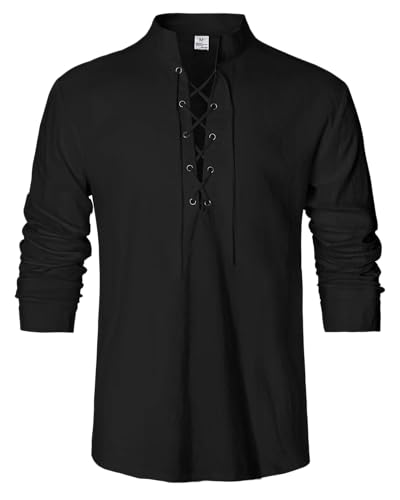 LVCBL Chemise médiévale en Lin pour Homme - Style rétro Traditionnel - À Lacets -Noir 3XL