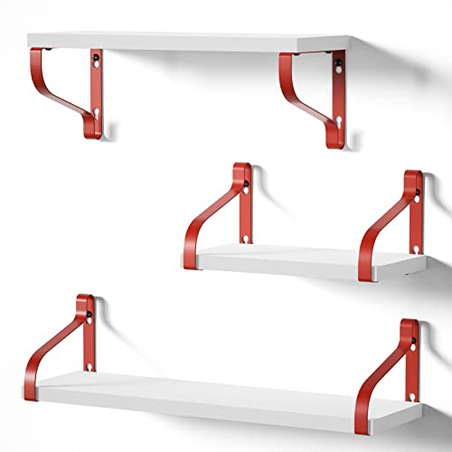 Love-KANKEI Juego de 3 estantes rústicos, estantes decorativos de pared, estantes flotantes para baño, dormitorio, sala de estar, cocina, oficina y más, blanco y rojo Cover