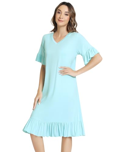 Image of NACHILA Bamboo Viscose Nightgowns for Women Short Sleeve V Neck Sleepwear