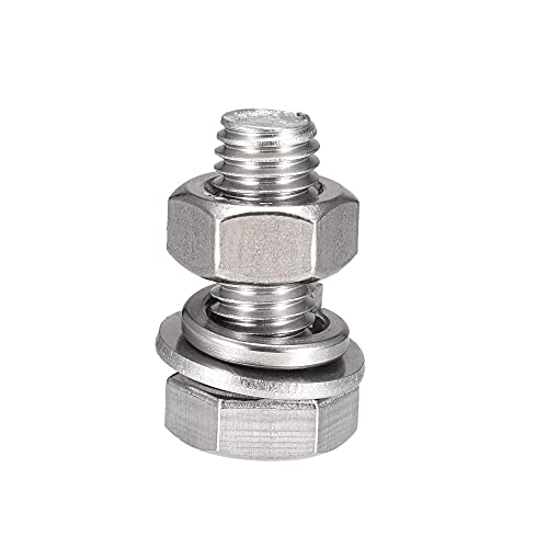 Image of uxcell M10 x 25mm Hex Head Screws Bolts, Nuts, Flat & Lock Washers Kits, 304 Stainless Steel Fully Thread Hexagon Bolts 8 Sets