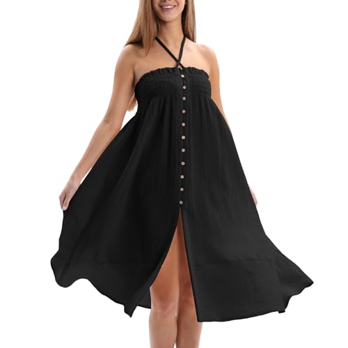Amazhiyu Women's Summer Beach Crinkle Cotton Gauze Button-Front Slit Maxi Skirt Black, Large3