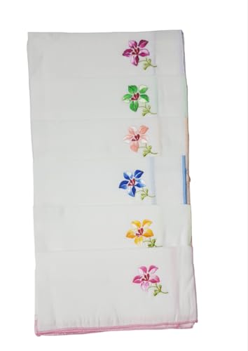 Image of ANVIK Women /Lady Cotton Embroidery Floral Handkerchief .Hanky for Kids Girls for School Size 33cm by 33 cm (Multicolour) Pack of 6