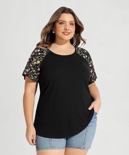 Image of CARCOS Plus Size Tops for Women Short Sleeve Raglan Striped Tee Color Block Crewneck /V Neck Tunic Loose Fit Summer XL-5XL