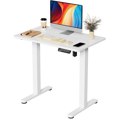 JOY worker Small Electric Standing Desk, 31.5" x 20" Whole Piece Height Adjustable Desk with Memory Controller, White Sit to Stand Workstation for Home Office
