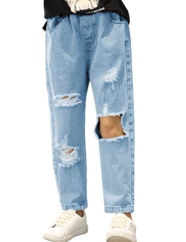 Qibabu Kid Big Girl's Baggy Ripped Jeans Elastic Waist Washed Denim Pants For 8-14 Years(0865-Rippedblue-11/12Y) #TOP6