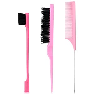 Sularpek 3 Pcs Slick Brush Set, Plastic Bristle Hair Brush Teasing Comb Edge Hair Brush Teasing Brush Set, Rat Tail Comb Double Sided Edge Brush, for Hairdresser Women Baby Children (Pink)