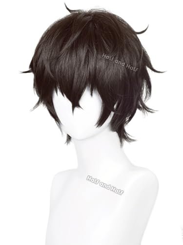 Image of Half and Half Short Brown Black Anime Game Cosplay Wig for Men Brown Spiky Layered Male Costume Wigs for Women Unisex Halloween Party Daily