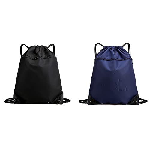 WADC Fitness Rucksack mit Kordelzug Oxford Stoff Fitness Rucksack wasserdichte Turnbeutel Vielseitiger Fitness Rucksack für Basketball, Fußball und Turnschuhe 2 Stück (Schwarz und Dunkelblau) Cover