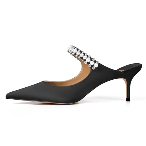 Image of XINIUNIU Heeled Mules for Women Rhinestone Heels Pointed Toe Slip On 2.5 Inch Kitten Stiletto Closed Toe Sandals Dress Wedding Pump Shoes