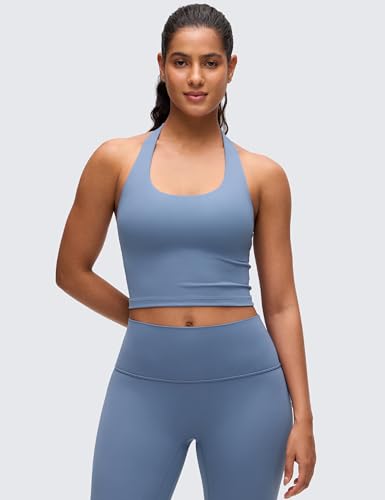 Image of CRZ YOGA Butterluxe Halter Crop Tank Tops | Light Support, Removable Pads, Yoga, Extremely Soft, Open Back, Longline Sports Bras for Women