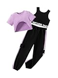 Hilinker Girl's Graphic 3 Piece Outfits Short Sleeve Crop Top Letter Tank and Sweatpants Set Purple Black 13-14 Year